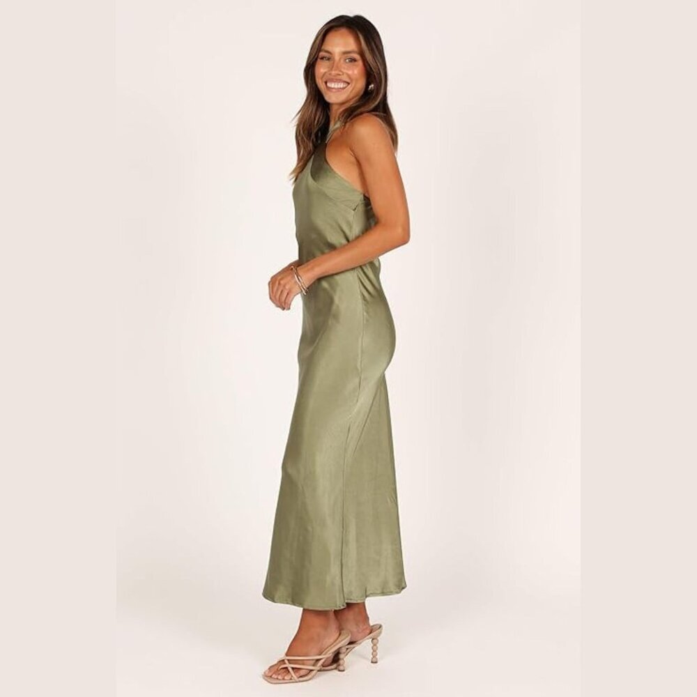 New! Petal + Pup Grasie Olive Green Satin Halter Maxi Dress Size 8 41370 - Picture 4 of 14